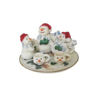 Vintage Miniature Resin Woodland Snowman Tea Set C&F Enterprices 6 Pieces